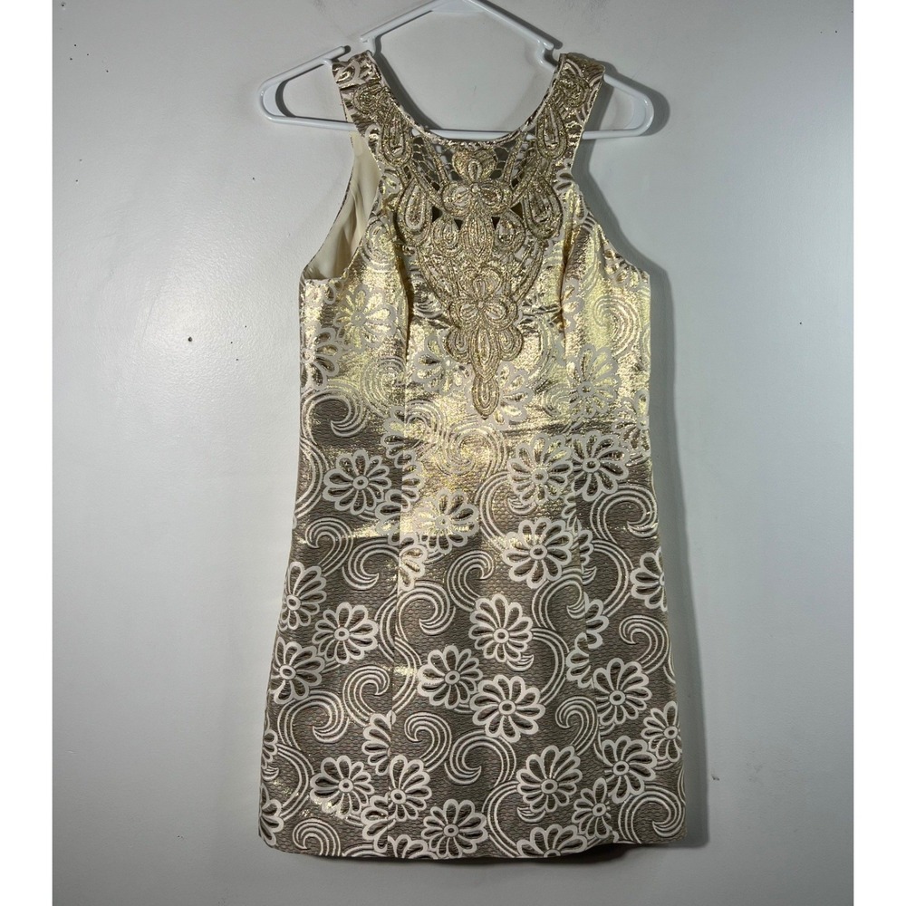 Womens Lilly Pulitzer Largo Shift Dress Gold Metallic Flower Pique Jacquard 4